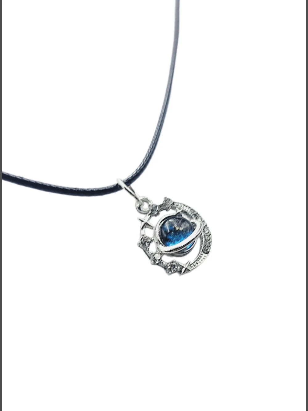 Silver Planet Pendant w/ Blue Glass Orb & Cord Necklace NWOT